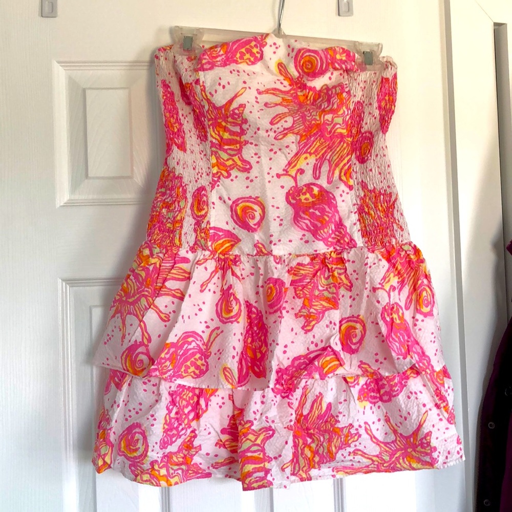Lilly Pulitzer size M “Conched Out” Strapless pull on dress pink yellow white